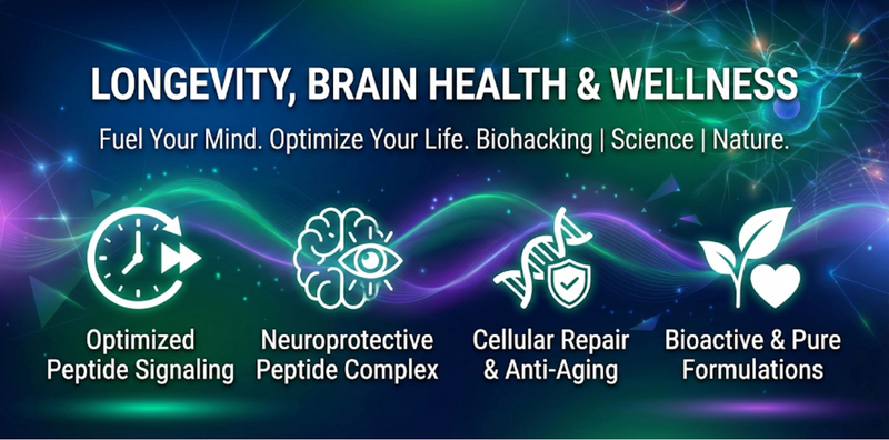 Promotional graphic for longevity, brain health, and wellness with icons and text on a dark background.