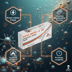 Box of NOVA MOTS-C 50 peptide with hexagonal icons and text on a dark background