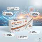 Nova Mots-C 50 peptide packaging with health benefits on a futuristic background