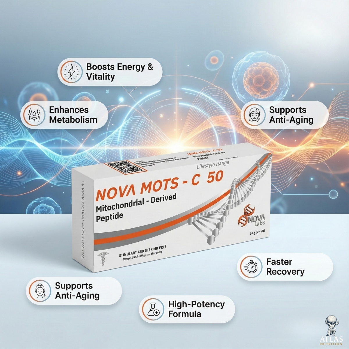 Nova Mots-C 50 peptide packaging with health benefits on a futuristic background